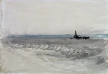 Grå hav, båd løber i land, ca. 1840 (akvarel på papir)