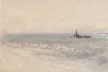 Grå hav, båd løber i land, ca. 1845-50 (akvarel på papir)