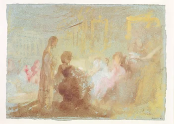 Interiør i Petworth House med folk i samtale, 1830 (gouache)