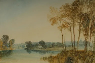 Maisema puiden kanssa Thames-joen rannalla, n. 1805 (akvarelli paperille)