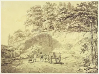 Mand med hest og vogn på vej ind i et stenbrud, ca. 1797 (grafit og grå vask på papir)
