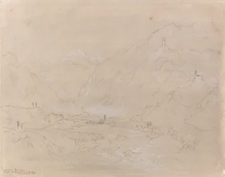 Bjerglandskab med by i dalen, ca. 1840 (grafit & grå vask på papir)