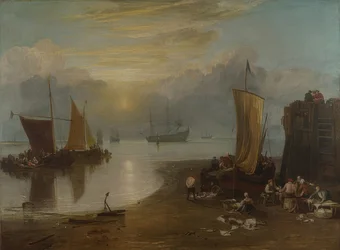 Solopgang i disen. Fiskere, der renser og sælger fisk. Før 1807