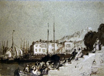 Udsigt over East Cowes, Isle of Wight (pen & blæk og kropsfarve på blåt papir)