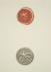 Segl påskrevet med Thomas White og badge, begge fra Temple Hospital (akvarel på papir)