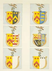 Seks våbenskjolde i farvede glasvinduer i nord- og sydgange (den østlige ende) af Bristol Cathedral (akvarel på papir)
