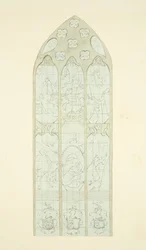 Glasmosaikvindue i den østlige ende af den nordlige sidegang af Bristol Cathedral (blyant og akvarel på papir)