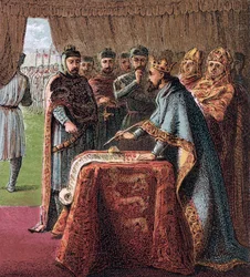 Kong John af England underskriver Magna Carta fra: Pictures of English History, 1868
