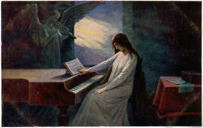 Musik. Den sidste akkord. Døende dame ved klaveret. Illustration af Josef Mathauser, Tjekkiet, ca. 1910 (postkort)