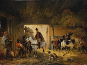 En rytter, der vander sin hest i en stald, 1840