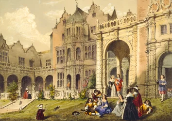 En forfriskning på terrassen, Holland House, Kensington fra "Architecture in the Middle Ages", 1838
