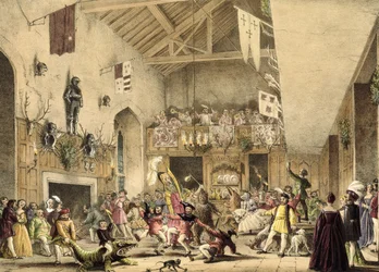 Twelfth Night Revels in the Great Hall, Haddon Hall, Derbyshire, fra "Architecture of the Middle Ages", 1838