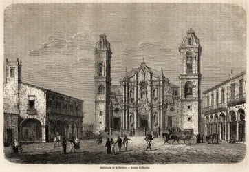 Katedralen i Havana, Cuba, tegning af Navlet for at illustrere rejsen til øen Cuba, i 1859, af Richard Dana (1815-1882). Indgravering i "" Le tour du monde, nouveau journal des voyages"" Paris