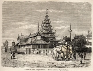 Kongen af Avas palads i Amarapoura (det nuværende Burma), tegning af Navlet for at illustrere rejsen til kongeriget Ava, i 1855, af kaptajn Henri Yule af den bengalske ånds krop. Indgravering i "" Le tour du monde, nouveau journal des voya