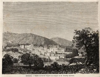 Udsigt over Betlehem, tegning Joseph Navlet (1821-1889), for at illustrere hr. Bidas rejse til Palæstina i 1856. Indgravering i "" Le tour du monde, nouveau journal des voyages"" Paris