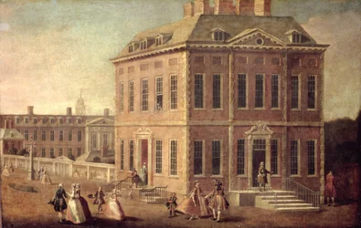 Udsigt over Ranelagh House and Gardens og Chelsea Hospital, med figurer, der går i forgrunden