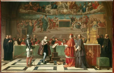 Galilei (eller Galileo Galilei, 1564-1642) foran Det Hellige Officium i Vatikanet. Astronomen blev i 1632 dømt af inkvisitionstribunalet for at forsvare Kopernikus
