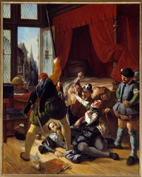 Religionskrig: „Scene fra Bartholomæusnatten, mordet på Briou, guvernør for prinsen af Conti, 24/08/1572“. 1833. Sol. 1,64 x 1,3 m