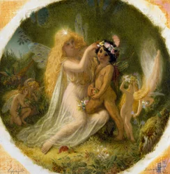 "Titania, feernes prinsesse, og den unge indianer, som hun har gjort til sin page" Illustration til "En skærsommernatsdrøm" af William Shakespeare. Maleri af Joseph Noel Paton (1821-1901) Privat samling