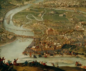 Den spanske arvefølgekrig: Prins Eugen af Savoyen befrier Torino, Italien, fra franske troppers belejring (maleri på lærred)