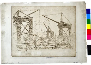Bygning af Kensington Great Cranes, ca. 1905 (radering på papir)