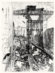 Kraner ved Miraflores-slusen, plade XXII fra Panamakanalen af Joseph Pennell, 1912 (kul på papir)