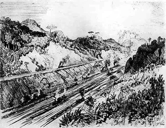 In the Cut at Las Cascades, plade XII fra Panamakanalen af Joseph Pennell, 1912 (kul på papir)