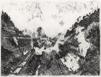 Snittet ser mod Ancon Hill, plade XVII fra Panamakanalen af Joseph Pennell, 1912 (kul på papir)