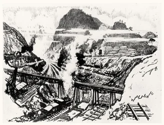 The Cut at Paraiso, plade XVI fra Panamakanalen af Joseph Pennell, 1912 (kul på papir)
