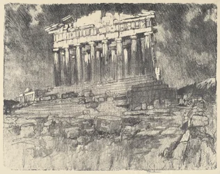 Parthenons facade, solnedgang
