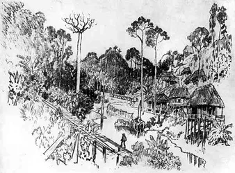 The Native Village, plade IX fra Panamakanalen af Joseph Pennell, 1912 (kul på papir)
