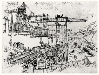 The Walls of Miraflores Lock, plade XXIII fra Panamakanalen af Joseph Pennell, 1912 (kul på papir)