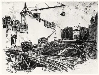 The Walls of Pedron Miguel, plade XX fra Panamakanalen af Joseph Pennell, 1912 (kul på papir)
