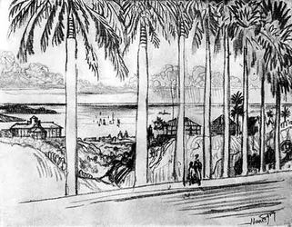 Udsigt fra Ancon Hill, plade XXV fra Panamakanalen af Joseph Pennell, 1912 (kul på papir)