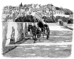 Village du Midi (syd) i Frankrig med hestevogn. Gravering af Joseph Pennell 1888 (detalje).