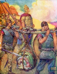 Bærer Grendels hæslige hoved (farvelitografi)