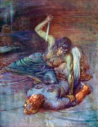 Hun bar ham til jorden og knælede på hans bryst (farvelitografi)