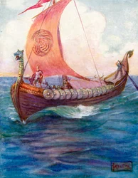 Krigerne drog videre over det blå hav (farvelitografi)