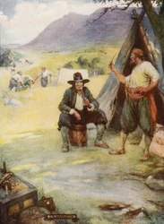 Hvor nu den store by Cape Town ligger, sætter de deres telte og hytter op (farve litho)