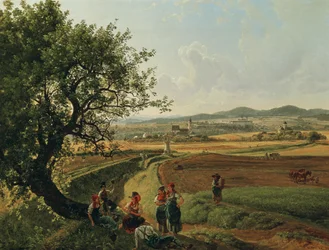 Udsigt over Emmersdorf ejendom og Rothenhof Slot med Melk Abbey i baggrunden