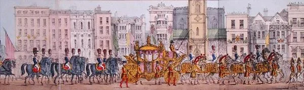Panoramisk fremstilling af dronning Victorias kongelige march gennem Londons by den 9. november 1837 (litografi) (detalje)