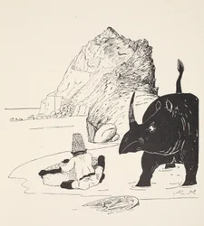 Parsee begynder at spise sin kage på den ubeboede ø, illustration fra 