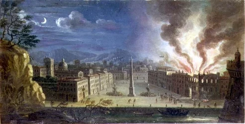 En piazza i en italiensk havn med en bygning i flammer om natten