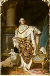 Portræt i hel figur af Frankrigs konge Ludvig 16. i kroningsdragt (1754-1793). Han bærer ordenstegnet for Helligåndsordenen - Maleri fra Joseph Siffred Duplessis