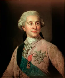 Portræt af Frankrigs konge Ludvig XVI (1754-1793) iført insignierne for Den Gyldne Vliesorden. Maleri af Joseph Siffred Duplessis (1725-1802) (Joseph-Siffred, Joseph Siffrede, Joseph-Siffrede, Joseph Siffrein, Joseph-Siffrein), 18. århundrede M