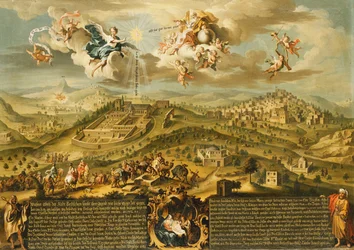 En udsigt over Betlehem med magiernes rejse, treenigheden ovenover og fødselaren i en malet kartouche nedenfor, 1752