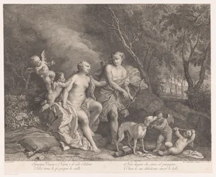 Venus og Adonis som elskere med fire putti