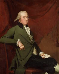 Portræt af Edward Abney, siddende i trekvart længde, i en grøn frakke, holder et brev mod et rødt gardin, slutningen af 1780