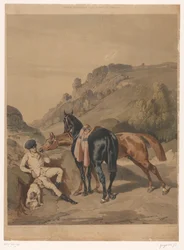 To heste med hvilende rytter i et landskab Heste efter Alfred de Dreux (serietitel) Motiver équestres d