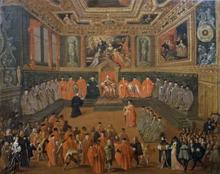 Dogen kuuleminen Venetsian herttuapalatsin valtuustosalissa, Joseph Heintz Youngerin maalaus (n. 1600-1678)
